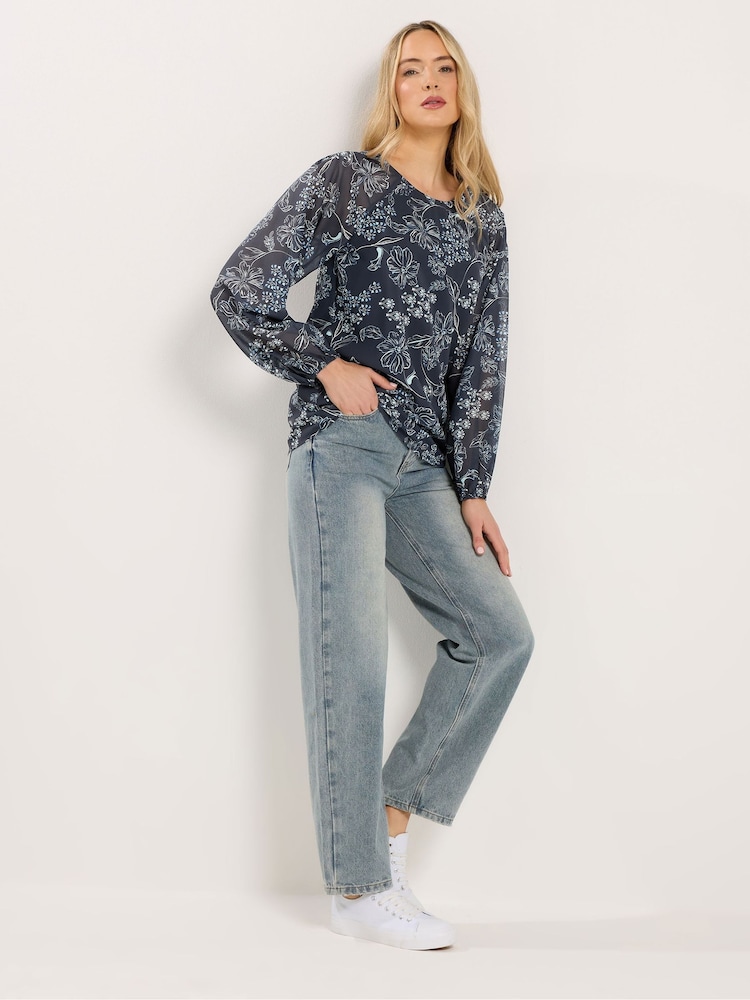 Long Tall Sally Blue Floral Georgette Raglan Top - Image 2 of 5