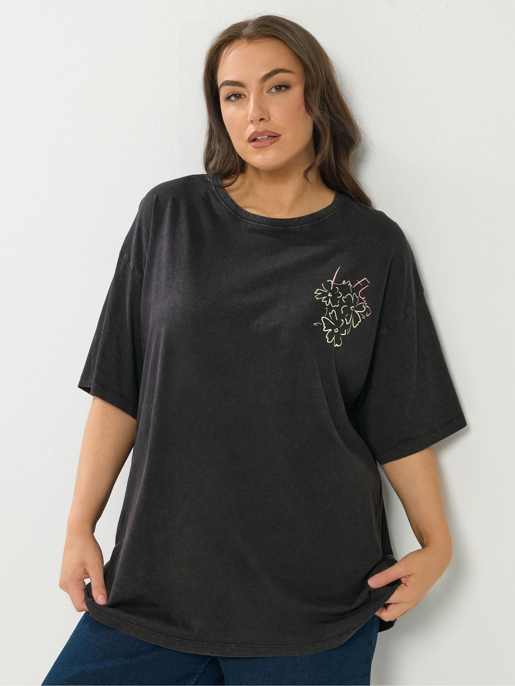 Buy Yours Curve Black Placement Acid Wash Fleurs T-Shirt from Next USA