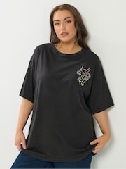 Yours Curve Black Placement Acid Wash Fleurs T-Shirt - Image 1 of 7