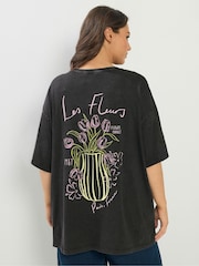 Yours Curve Black Placement Acid Wash Fleurs T-Shirt - Image 2 of 7