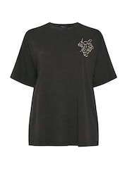 Yours Curve Black Placement Acid Wash Fleurs T-Shirt - Image 5 of 7