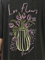 Yours Curve Black Placement Acid Wash Fleurs T-Shirt - Image 6 of 7