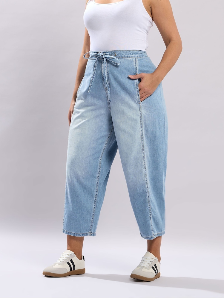 Yours Curve Light Blue Cropped Barrel Leg Jeans - Image 1 of 2