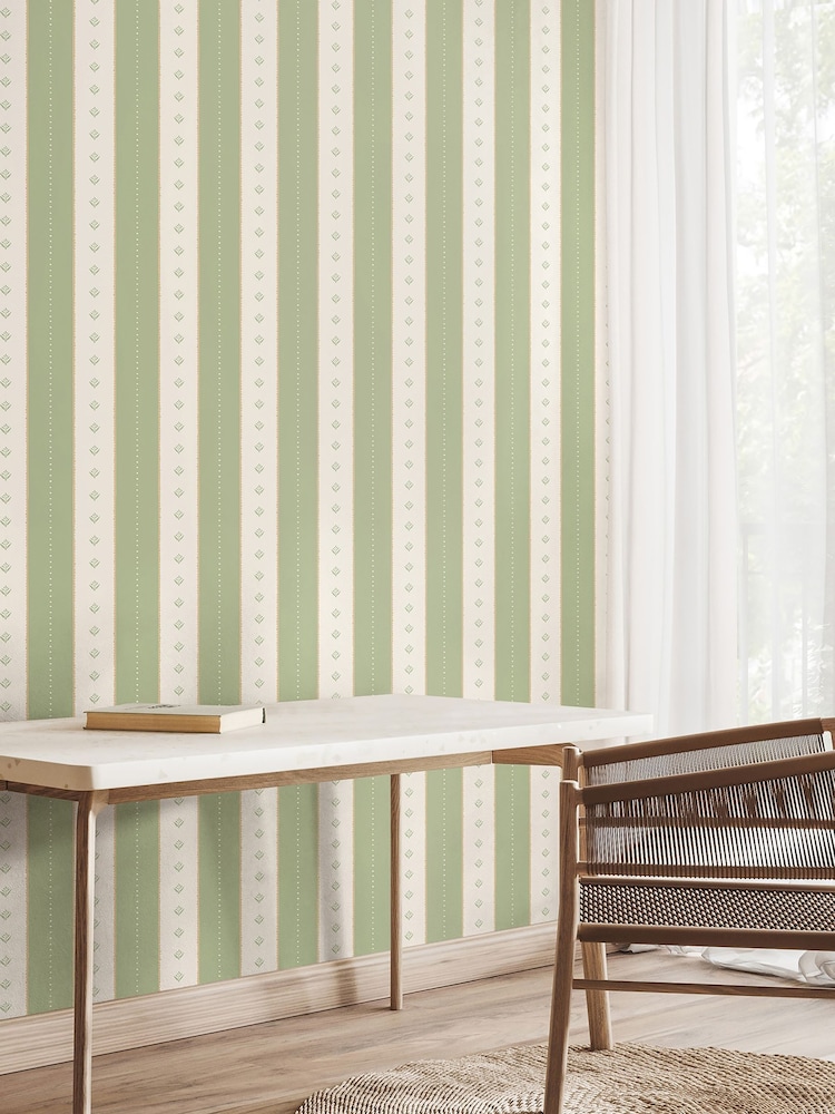 Hoopla Walls Soft Sage Decorative Stripe Linen 10M Wallpaper - Image 1 of 2 Hoopla Walls Soft Sage Decorative Stripe Linen 10M Wallpaper - Image 1 of 2
