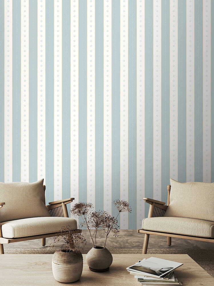 Hoopla Walls Wedgewood Decorative Stripe Linen 10M Wallpaper - Image 1 of 2 Hoopla Walls Wedgewood Decorative Stripe Linen 10M Wallpaper - Image 1 of 2
