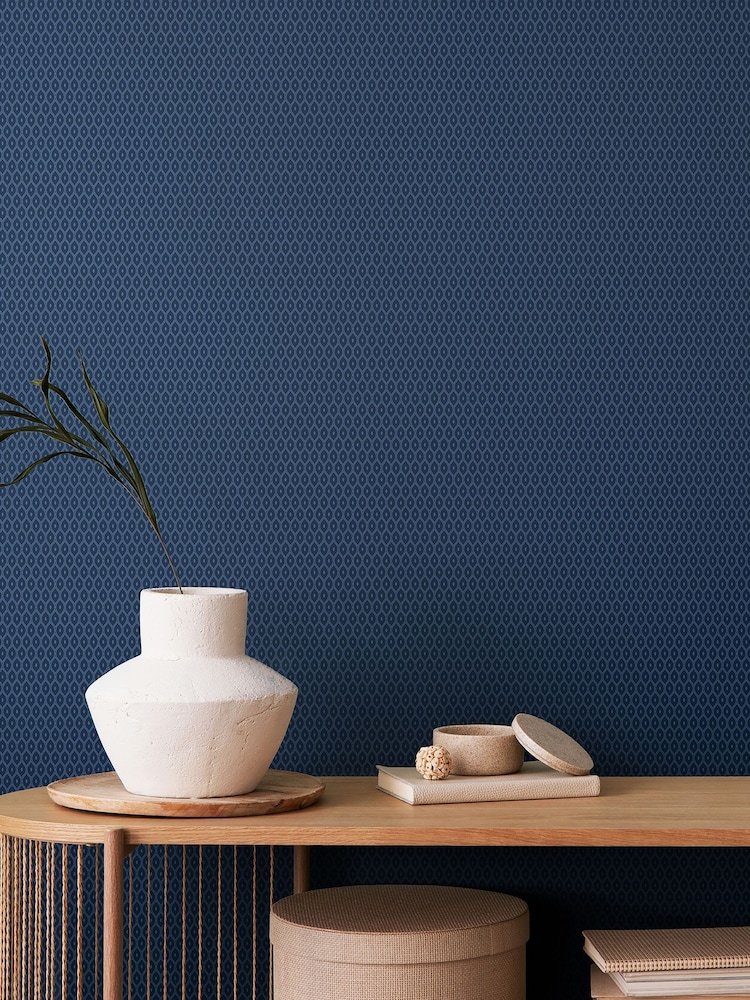Hoopla Walls Indigo Tiny Ogee 10M Wallpaper - Image 1 of 2 Hoopla Walls Indigo Tiny Ogee 10M Wallpaper - Image 1 of 2