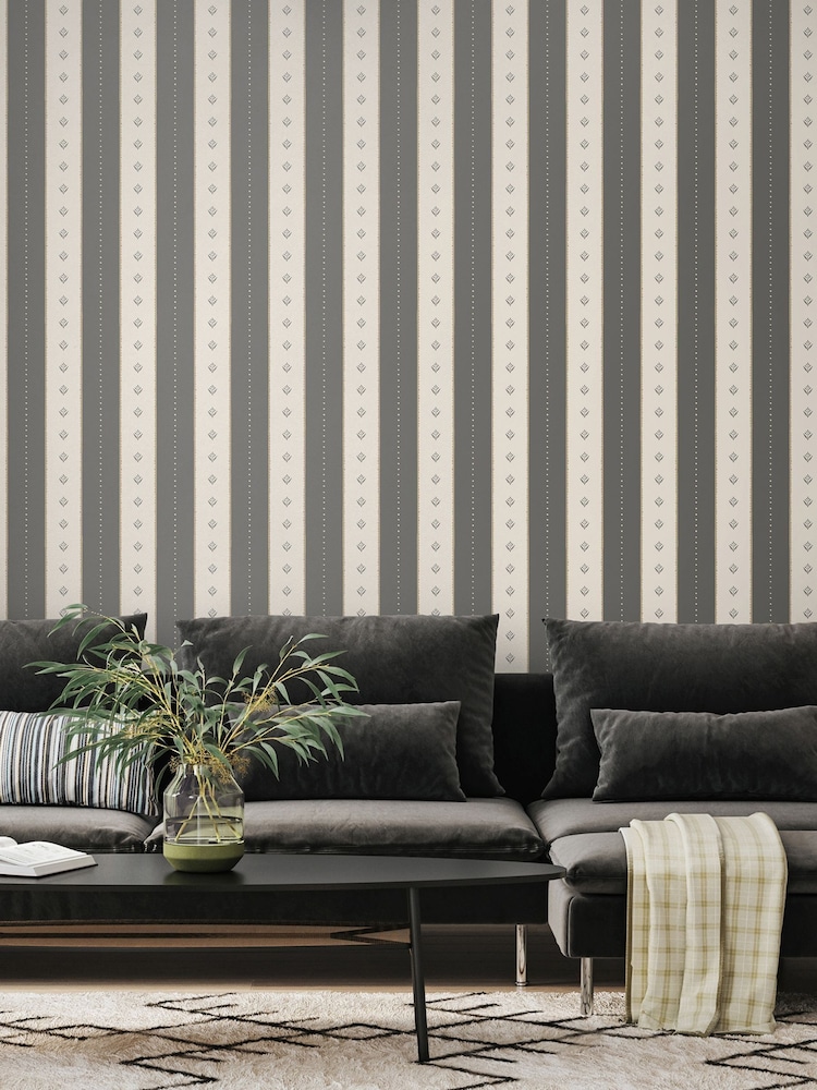 Hoopla Walls Charcoal Stone Decorative Stripe Linen 10M Wallpaper - Image 1 of 2 Hoopla Walls Charcoal Stone Decorative Stripe Linen 10M Wallpaper - Image 1 of 2