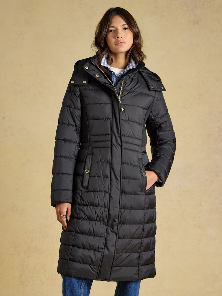 Joules Windborough Black Showerproof Longline Padded Coat with Hood - Image 1 of 10