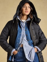 Joules Windborough Black Showerproof Longline Padded Coat with Hood - Image 3 of 10