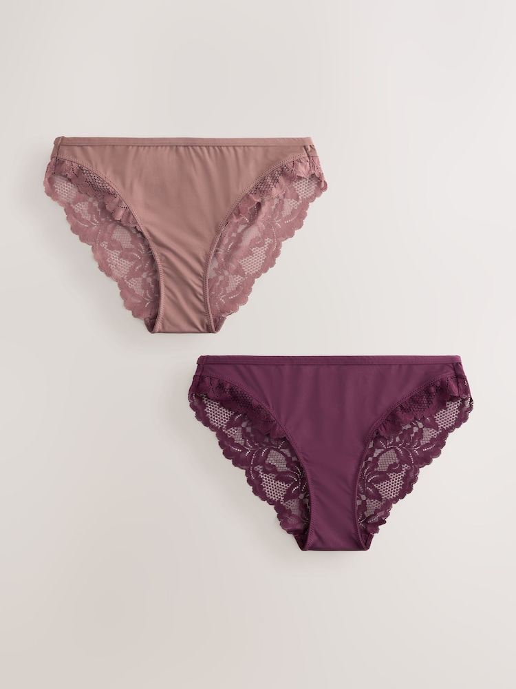 Plum/Tan Brown High Leg Lace Knickers 2 Pack - Image 1 of 9 Plum/Tan Brown High Leg Lace Knickers 2 Pack - Image 1 of 9