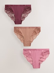 Plum/Mocha/Pink High Leg Lace Knickers 3 Pack - Image 1 of 10
