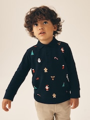 Navy Long Sleeve Christmas Embroidered Polo Shirt (3mths-7yrs) - Image 1 of 4