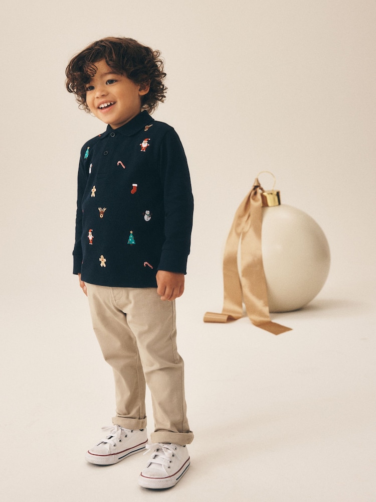 Navy Long Sleeve Christmas Embroidered Polo Shirt (3mths-7yrs) - Image 2 of 4