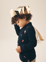 Navy Long Sleeve Christmas Embroidered Polo Shirt (3mths-7yrs) - Image 4 of 4