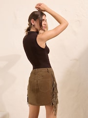 Friends Like These Tan Brown Faux Suede Fringe Detail Mini Skirt - Image 5 of 5