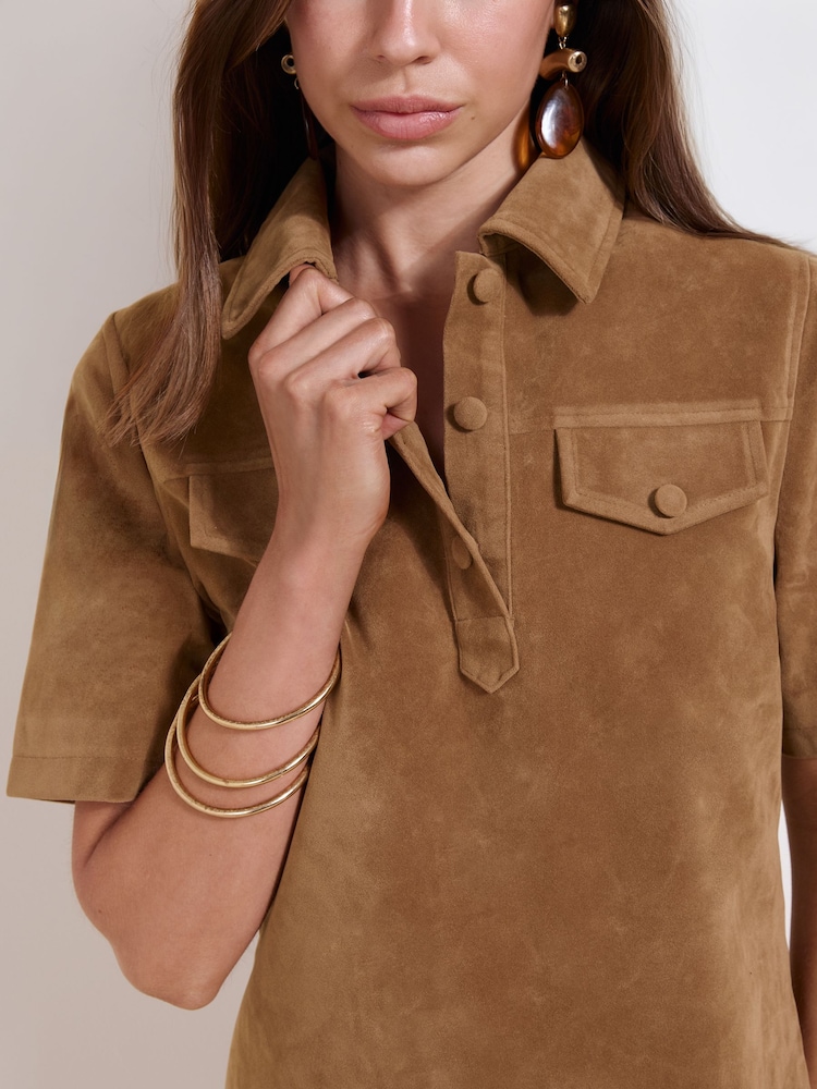 Friends Like These Tan Brown Faux Suede Pocket A Line Mini Dress - Image 2 of 5 Friends Like These Tan Brown Faux Suede Pocket A Line Mini Dress - Image 2 of 5