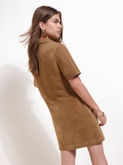 Friends Like These Tan Brown Faux Suede Pocket A Line Mini Dress - Image 4 of 5