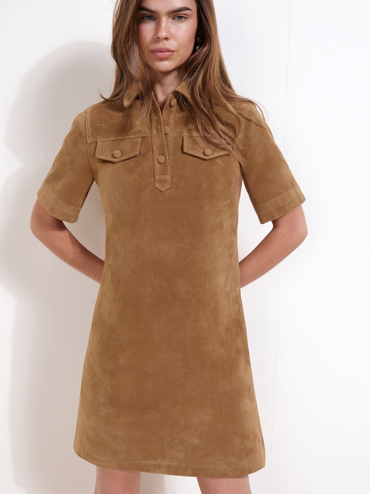 Friends Like These Tan Brown Faux Suede Pocket A Line Mini Dress - Image 5 of 5 Friends Like These Tan Brown Faux Suede Pocket A Line Mini Dress - Image 5 of 5