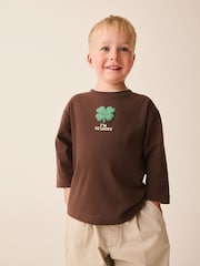 Brown I'm So Lucky Four Leaf Clover Long Sleeve Small Graphic Printed T-Shirt (3mths-7yrs) - Image 1 of 4