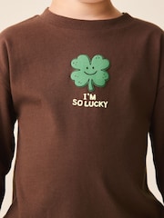 Brown I'm So Lucky Four Leaf Clover Long Sleeve Small Graphic Printed T-Shirt (3mths-7yrs) - Image 4 of 4