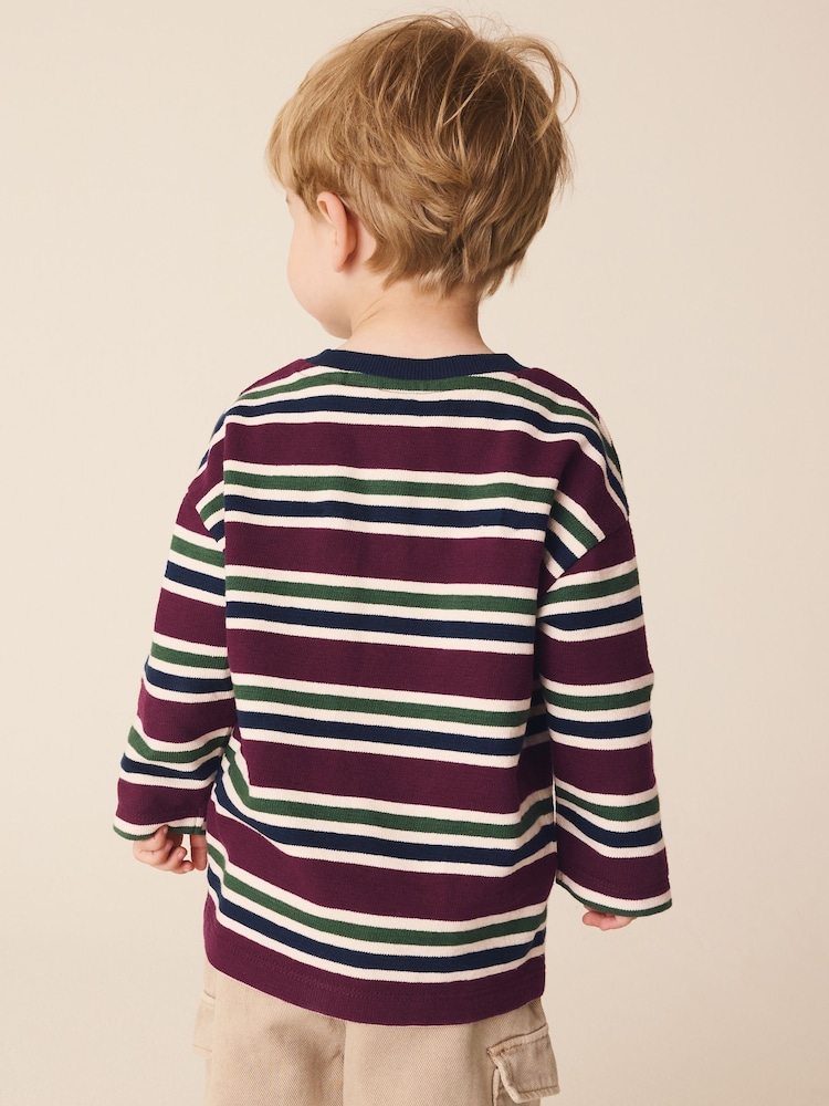 Berry/Navy Textured Sripe Long Sleeve Stripe T-Shirt (3mths-7yrs) - Image 2 of 8