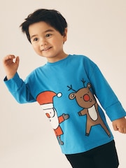 Blue Santa & Rudolph Long Sleeve Christmas T-Shirt (3mths-7yrs) - Image 1 of 3
