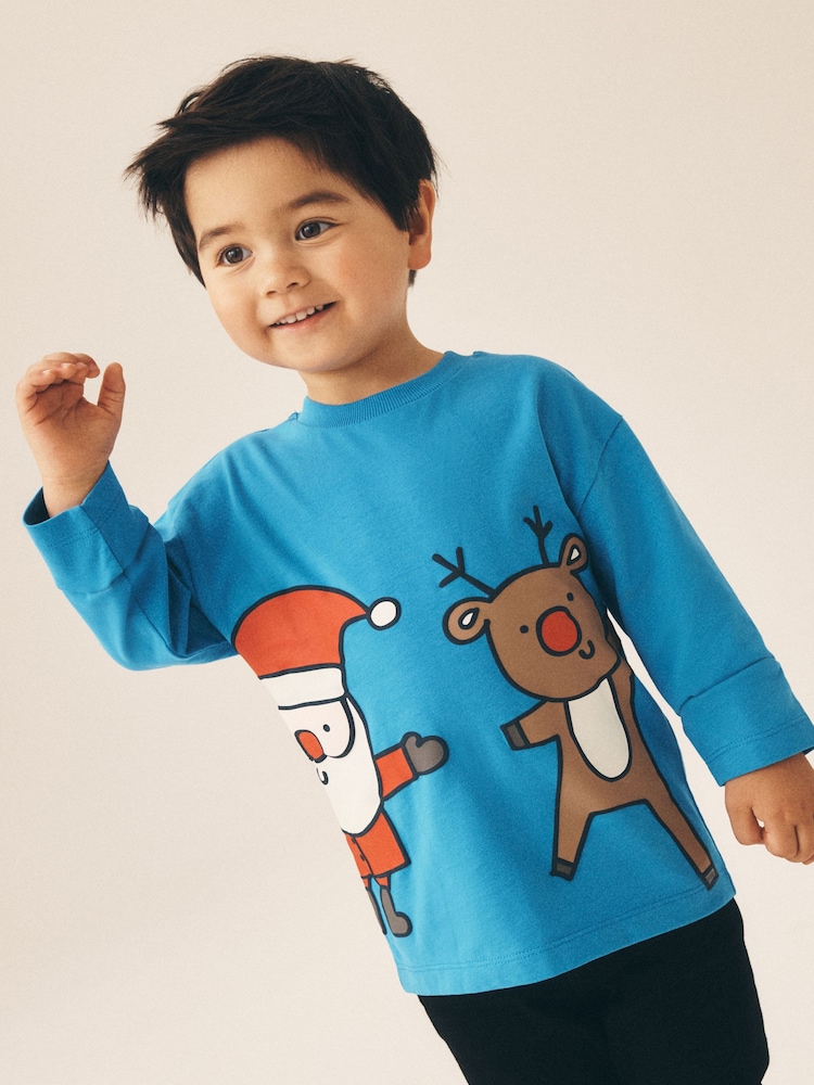 Blue Santa & Rudolph Long Sleeve Christmas T-Shirt (3mths-7yrs) - Image 1 of 3
