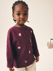 Berry Red All over Embroidered Long Sleeve Christmas T-Shirt (3mths-7yrs) - Image 1 of 8