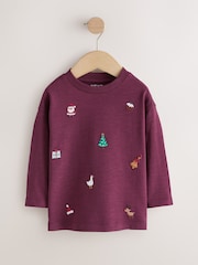 Berry Red All over Embroidered Long Sleeve Christmas T-Shirt (3mths-7yrs) - Image 5 of 8