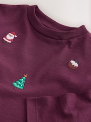 Berry Red All over Embroidered Long Sleeve Christmas T-Shirt (3mths-7yrs) - Image 7 of 8