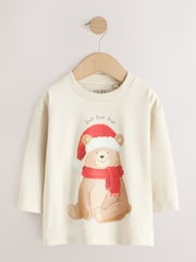 Cream Bear with Santa Hat Long Sleeve Christmas T-Shirt (3mths-7yrs) - Image 1 of 4