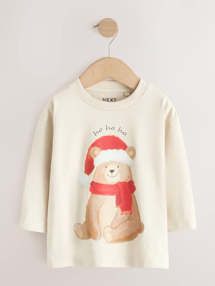 Cream Bear with Santa Hat Long Sleeve Christmas T-Shirt (3mths-7yrs) - Image 1 of 4 Cream Bear with Santa Hat Long Sleeve Christmas T-Shirt (3mths-7yrs) - Image 1 of 4