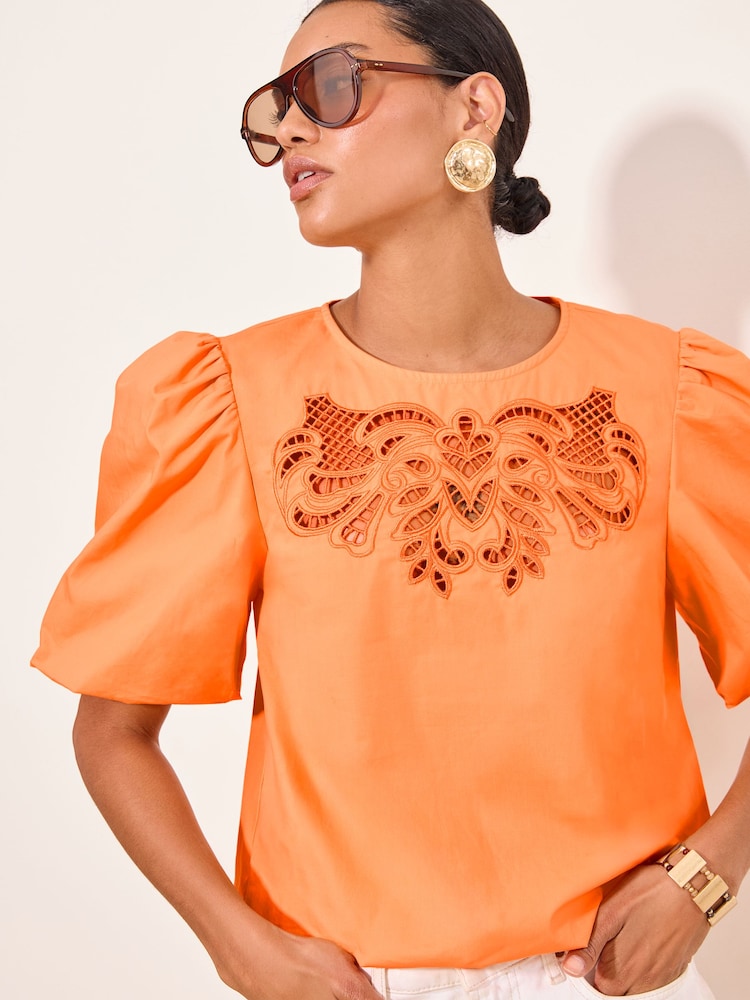 Lipsy Orange Puff Sleeve Cutwork Detail Top - Image 1 of 5