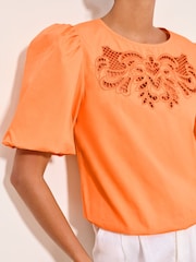 Lipsy Orange Puff Sleeve Cutwork Detail Top - Image 4 of 5