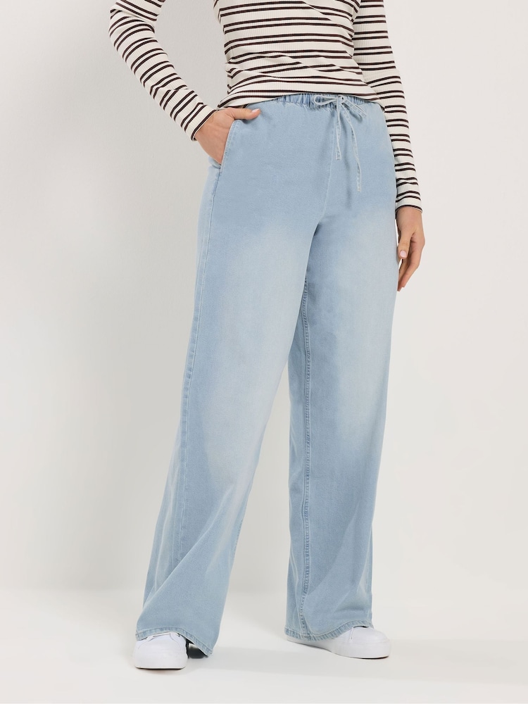 Long Tall Sally Blue Lightwash Wide Leg Pull On Jeans - Image 2 of 5 Long Tall Sally Blue Lightwash Wide Leg Pull On Jeans - Image 2 of 5
