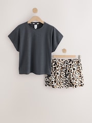 Charcoal Grey Leopard Print Cotton Short Pyjamas Set - Image 7 of 9