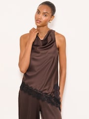 Lipsy Chocolate Brown Black Lace Asymmetric Halter Top - Image 1 of 5