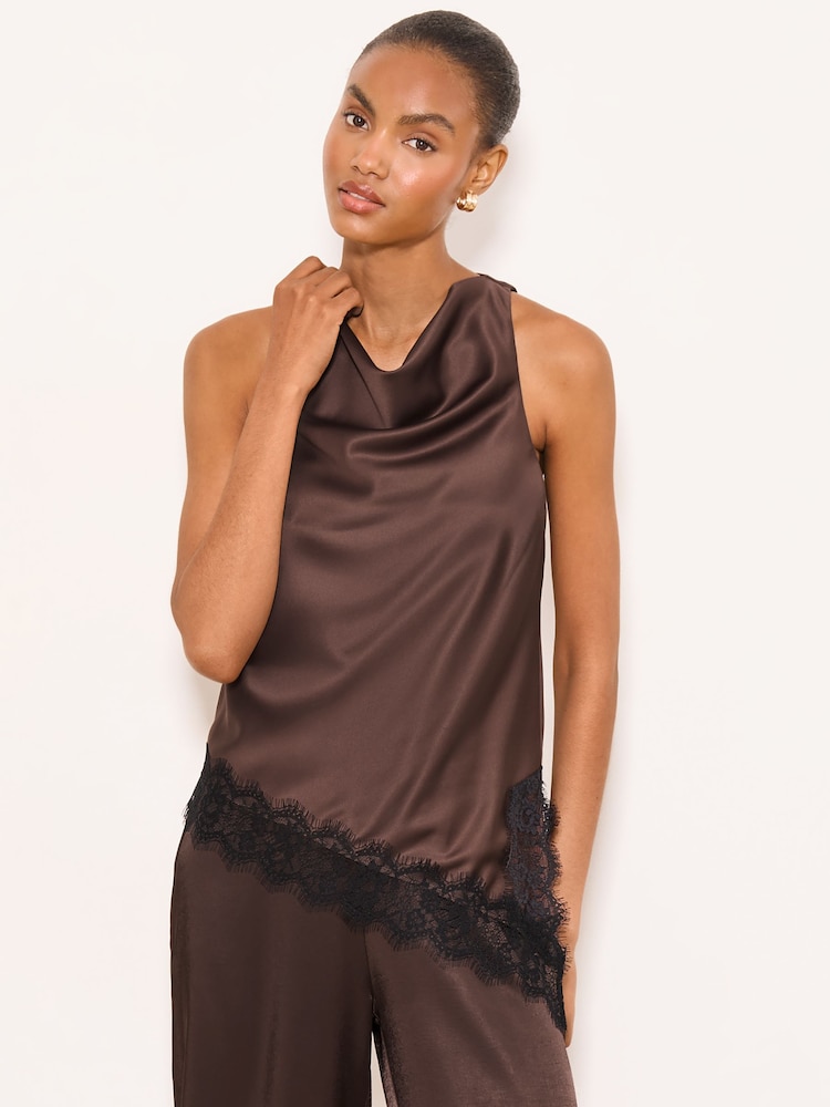 Lipsy Chocolate Brown Black Lace Asymmetric Halter Top - Image 1 of 5 Lipsy Chocolate Brown Black Lace Asymmetric Halter Top - Image 1 of 5