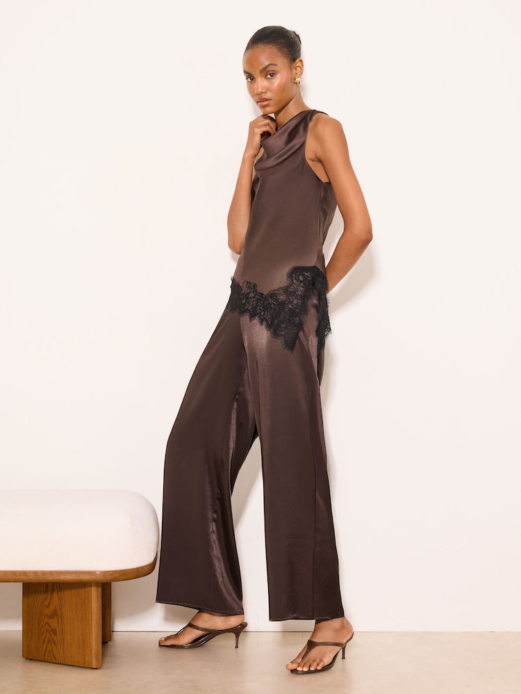 Lipsy Chocolate Brown Black Lace Asymmetric Halter Top - Image 2 of 5 Lipsy Chocolate Brown Black Lace Asymmetric Halter Top - Image 2 of 5