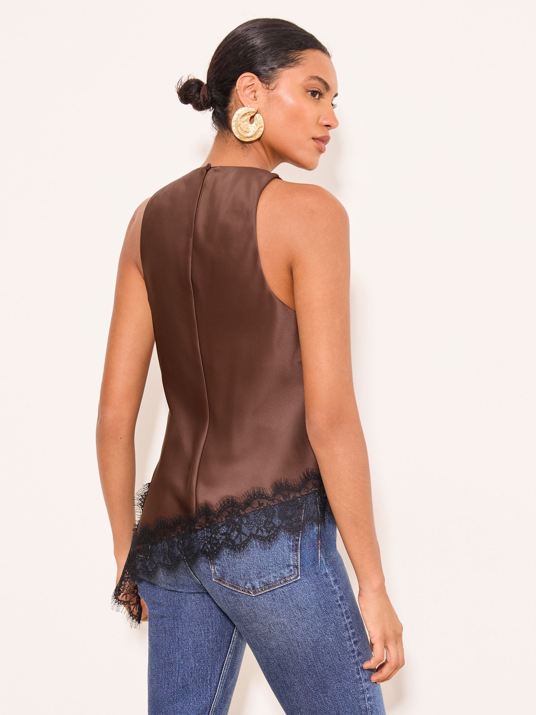 Buy Lipsy Chocolate Brown Black Lace Satin Hem Detail Cowl Halter