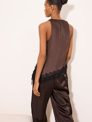 Lipsy Chocolate Brown Black Lace Asymmetric Halter Top - Image 5 of 5