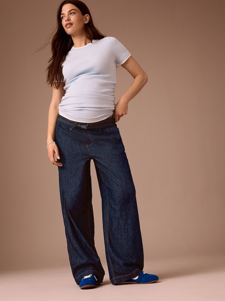 Indigo Blue Maternity Linen Blend Drawstring Wide Leg Jeans - Image 1 of 9 Indigo Blue Maternity Linen Blend Drawstring Wide Leg Jeans - Image 1 of 9