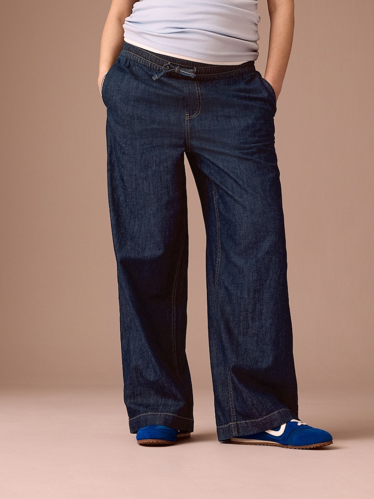 Indigo Blue Maternity Linen Blend Drawstring Wide Leg Jeans - Image 2 of 9 Indigo Blue Maternity Linen Blend Drawstring Wide Leg Jeans - Image 2 of 9