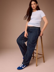 Indigo Blue Maternity Linen Blend Drawstring Wide Leg Jeans - Image 3 of 9