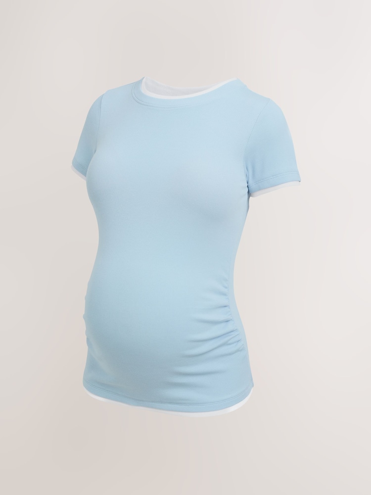 Blue Maternity Layered Short Sleeve Ruched T- Shirt - Image 1 of 4