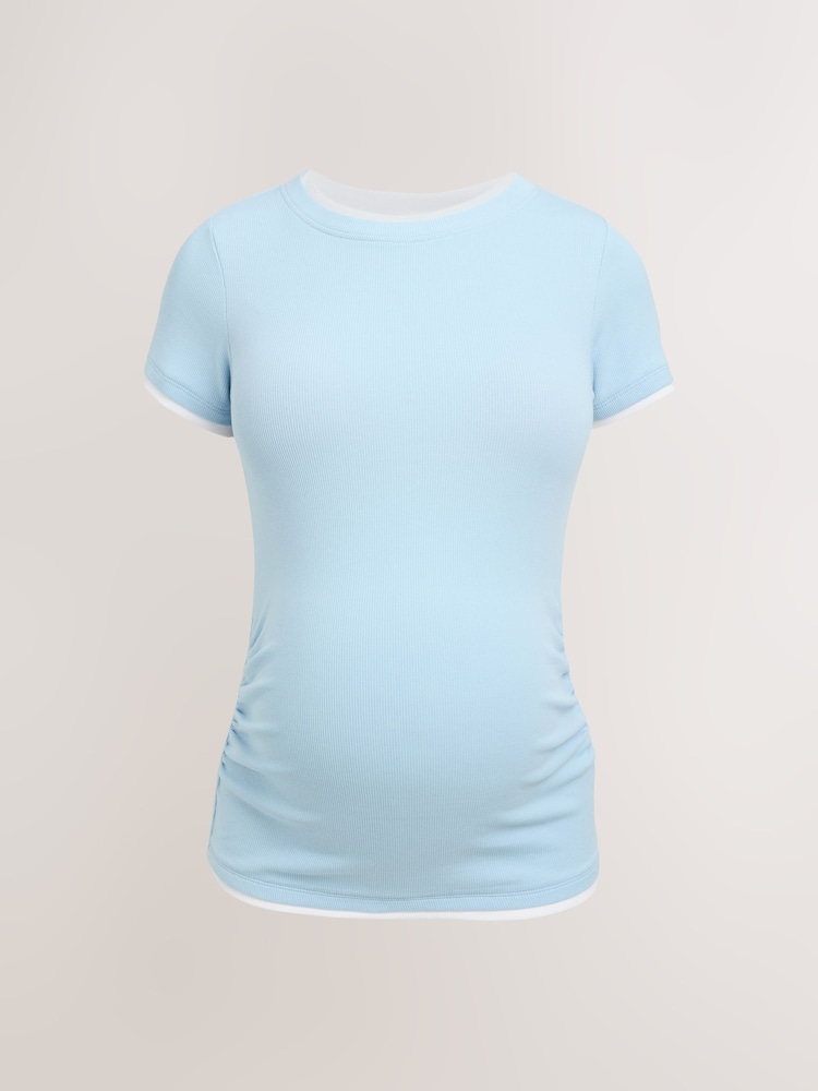Blue Maternity Layered Short Sleeve Ruched T- Shirt - Image 2 of 4