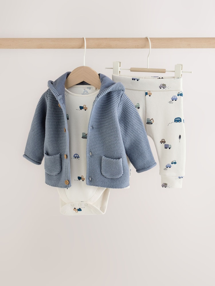 Blue Transport Baby Knitted Cardigan, Bodysuit and Leggings Set (0mths-2yrs) - Image 1 of 12 Blue Transport Baby Knitted Cardigan, Bodysuit and Leggings Set (0mths-2yrs) - Image 1 of 12