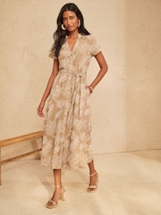 Love & Roses Beige Linen Look Midi Dress With Cornelli Embroidery - Image 1 of 5