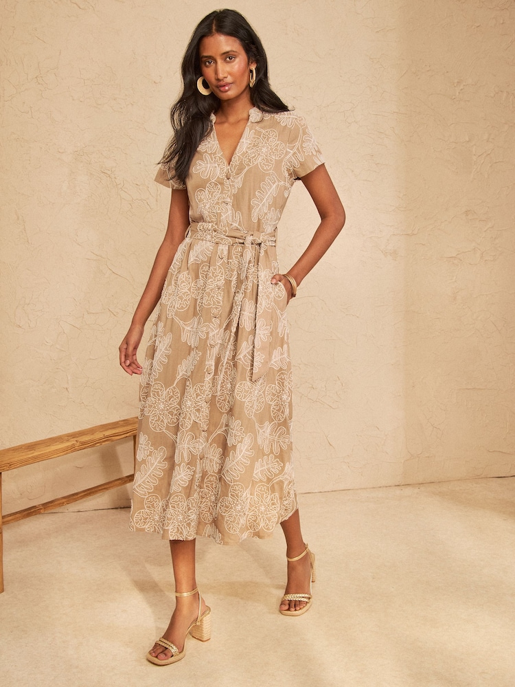 Love & Roses Beige Linen Look Midi Dress With Cornelli Embroidery - Image 1 of 5 Love & Roses Beige Linen Look Midi Dress With Cornelli Embroidery - Image 1 of 5