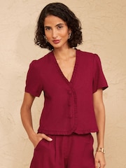 Love & Roses Dark Red Tailored Linen Look Top With Ruffle Detail - Image 1 of 4